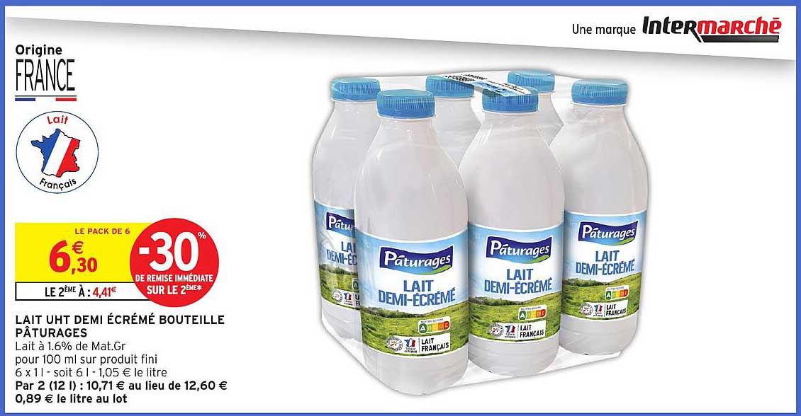 LAIT UHT DEMI ÉCRÉMÉ BOUTEILLE PÂTURAGES