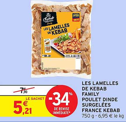 LES LAMELLES DE KEBAB FAMILY POULLET DINDE SURGELÉES FRANCE KEBAB