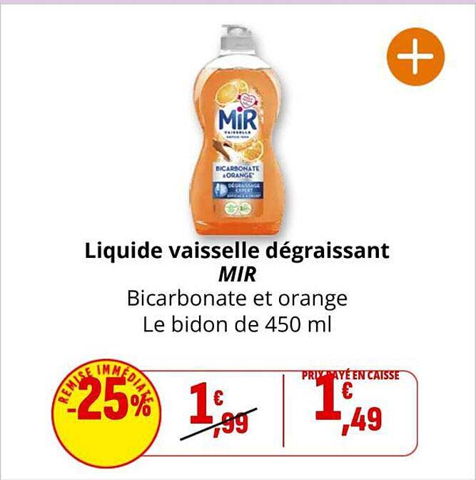Liquide vaisselle dégraissant MIR Bicarbonate et orange Le bidon de 450 ml