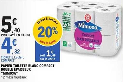 PAPIER TOILETTE BLANC COMPACT DOUBLE EPAISSEUR "MIMOSA"