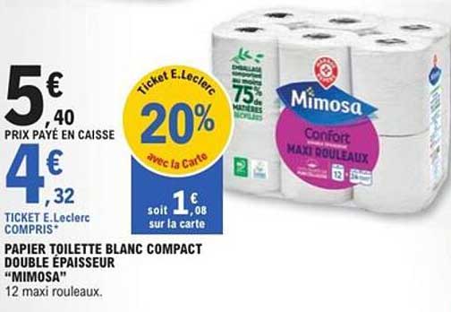 PAPIER TOILETTE BLANC COMPACT DOUBLE ÉPAISSEUR "MIMOSA"