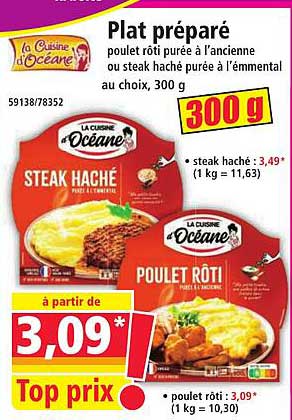 Plat préparé poulet rôti purée à l'ancienne ou steak haché purée à l'emmental au choix, 300 g