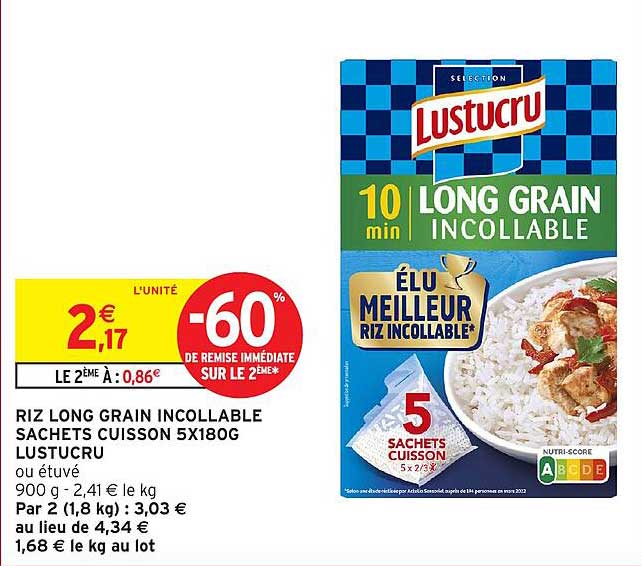RIZ LONG GRAIN INCOLLABLE SACHETS CUISSON 5X180G LUSTUCRU