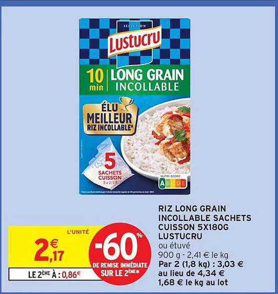 RIZ LONG GRAIN INCOUABLE SACHETS CUISSON 5X180G LUSTUCRU