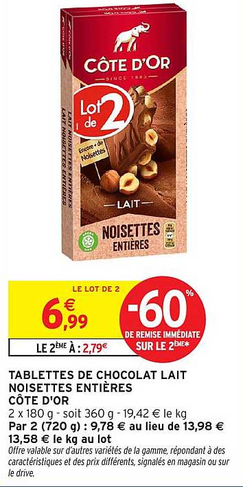 TABLETTES DE CHOCOLAT LAIT NOISETTES ENTIÈRES CÔTE D'OR
