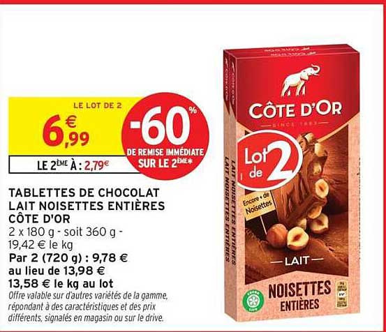 TABLETTES DE CHOCOLAT LAIT NOISETTES ENTIÈRES CÔTE D'OR