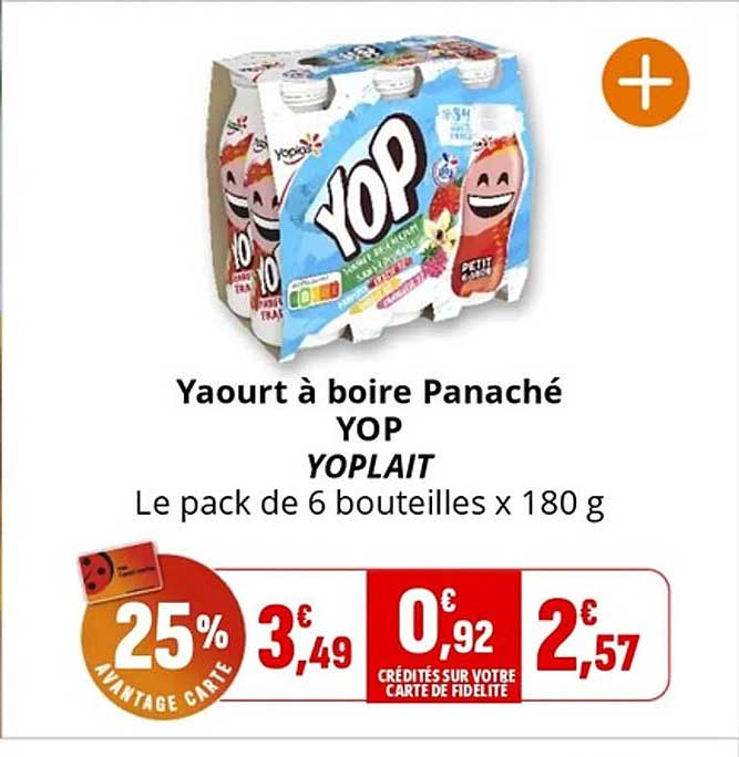 Yaourt à boire Panaché YOP YOPLAIT Le pack de 6 bouteilles x 180 g