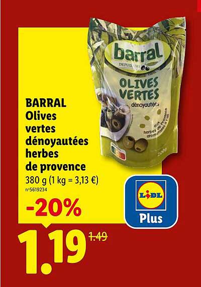 BARRAL Olives vertes dénoyautées herbes de provence 380 g (1 kg = 3,13 €)