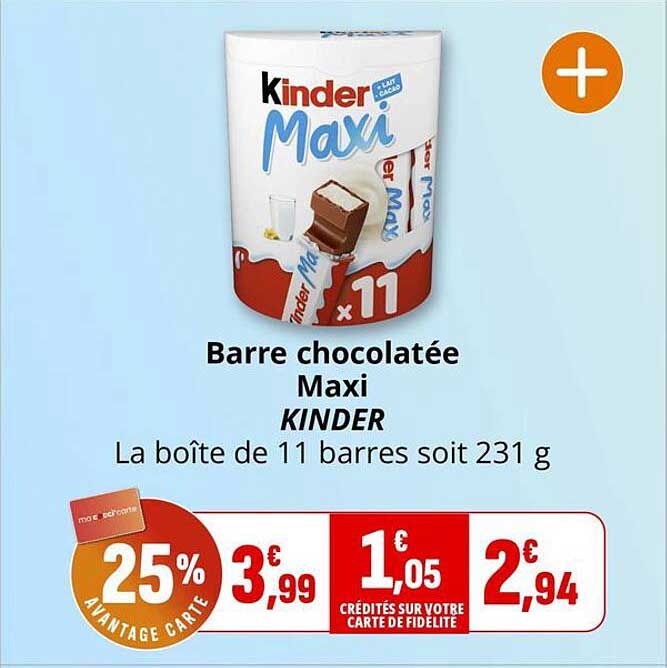 Barre chocolatée Maxi KINDER La boîte de 11 barres soit 231 g