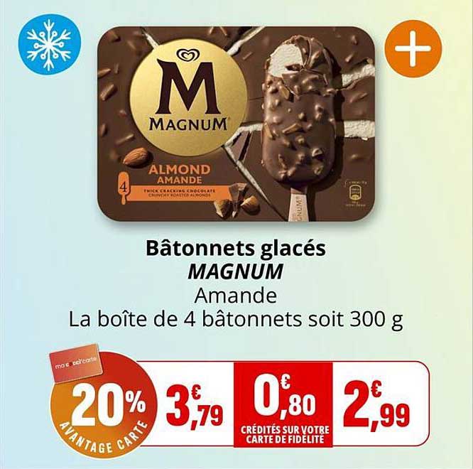 Bâtonnets glacés MAGNUM Amande La boîte de 4 bâtonnets soit 300 g