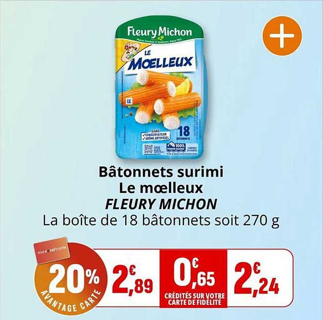 Bâtonnets surimi Le moelleux FLEURY MICHON La boîte de 18 bâtonnets soit 270 g