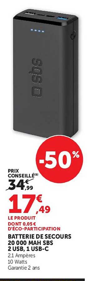 BATTERIE DE SECOURS 20 000 MAH SBS 2 USB, 1 USB-C