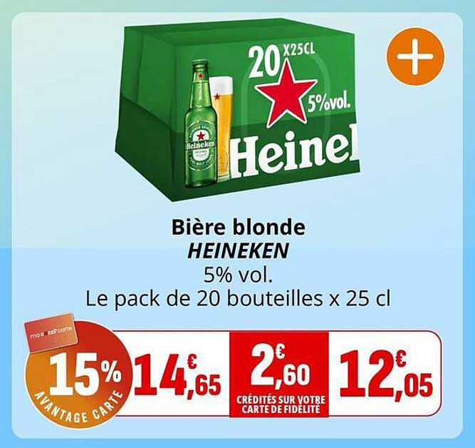 Bière blonde HEINEKEN 5% vol. Le pack de 20 bouteilles x 25 cl