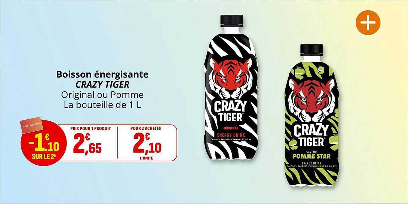 Boisson énergisante CRAZY TIGER Original ou Pomme La bouteille de 1 L