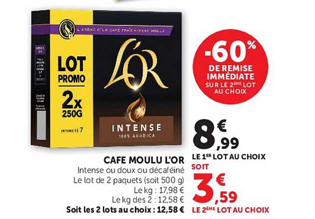 CAFE MOULU L'OR Intense ou doux ou décaféiné Le lot de 2 paquets (soit 500 g)