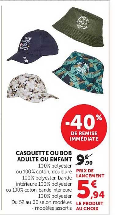 CASQUETTE OU BOB ADULTE OU ENFANT