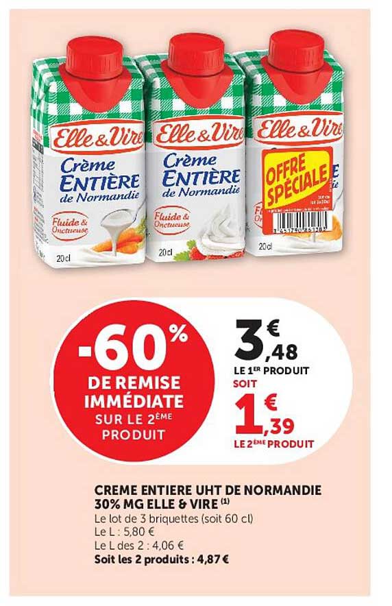 CREME ENTIERE UHT DE NORMANDIE 30% MG ELLE & VIRE