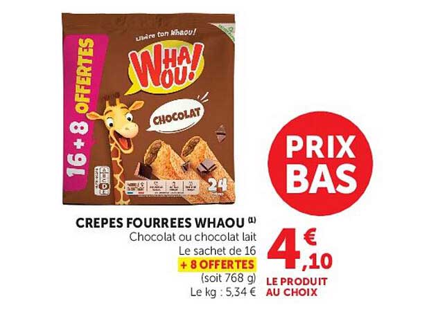 CREPES FOURREES WHAOU ! Chocolat ou chocolat lait Le sachet de 16 + 8 OFFERTES (soit 768 g)