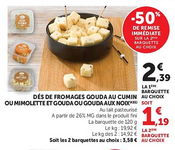 DÉS DE FROMAGES GOUDA AU CUMIN OU MIMOLETTE ET GOUDA OU GOUDA AUX NOIX (4X4E)