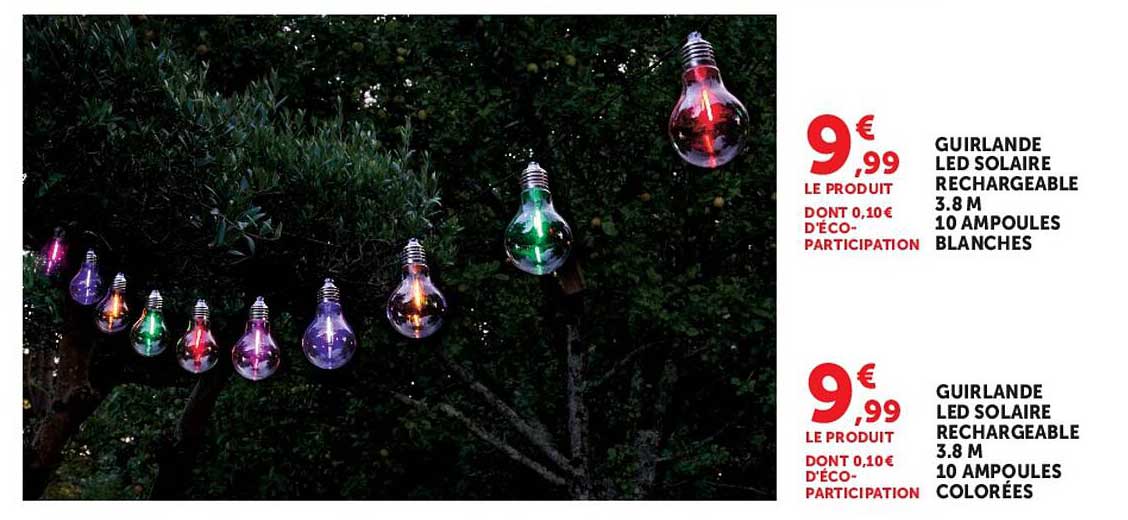 GUIRLANDE LED SOLAIRE RECHARGEABLE 3.8 M 10 AMPOULES BLANCHES