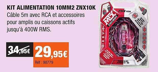 KIT ALIMENTATION 10MM2 ZNX10K Câble 5m avec RCA et accessoires pour amplis ou caissons actifs jusqu’à 400W RMS.
