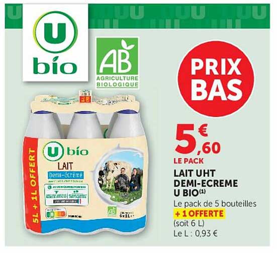 LAIT UHT DEMI-ECREME U BIO(*)