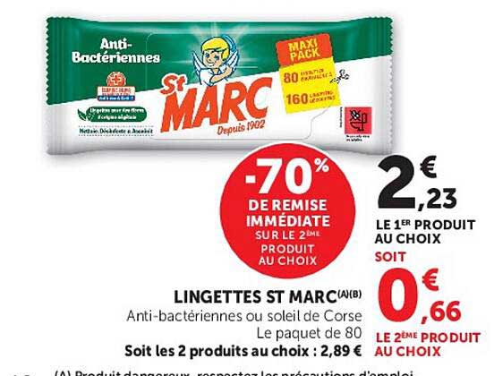 LINGETTES ST MARC (A)(B) Anti-bactériennes ou soleil de Corse Le paquet de 80