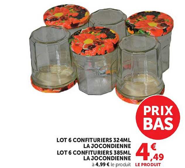 LOT 6 CONFITURIERS 324ML LA JOCONDIENNE LOT 6 CONFITURIERS 385ML LA JOCONDIENNE à 4,99 € le produit