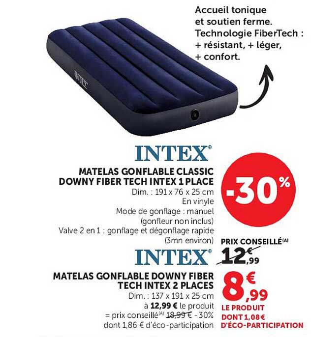 MATELAS GONFLABLE CLASSIC DOWNY FIBER TECH INTEX 1 PLACE