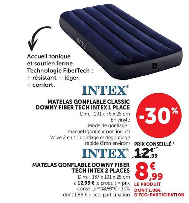 MATELAS GONFLABLE CLASSIC DOWNY FIBER TECH INTEX 1 PLACE