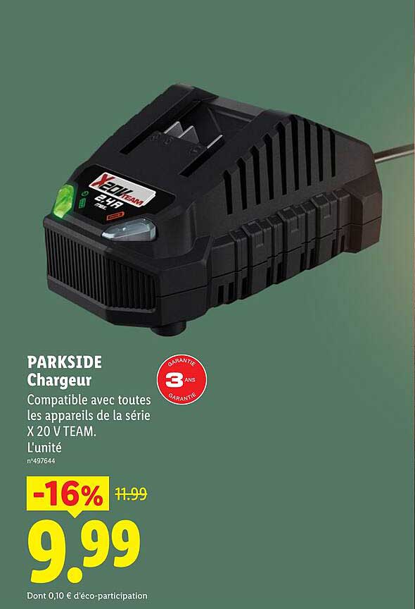 PARKSIDE Chargeur Compatible avec toutes les appareils de la série X 20 V TEAM. L'unité