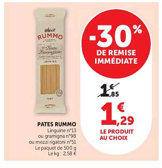 PATES RUMMO Linguine n°13 ou gramigna n°98 ou mezzi rigatoni n°51 Le paquet de 500 g