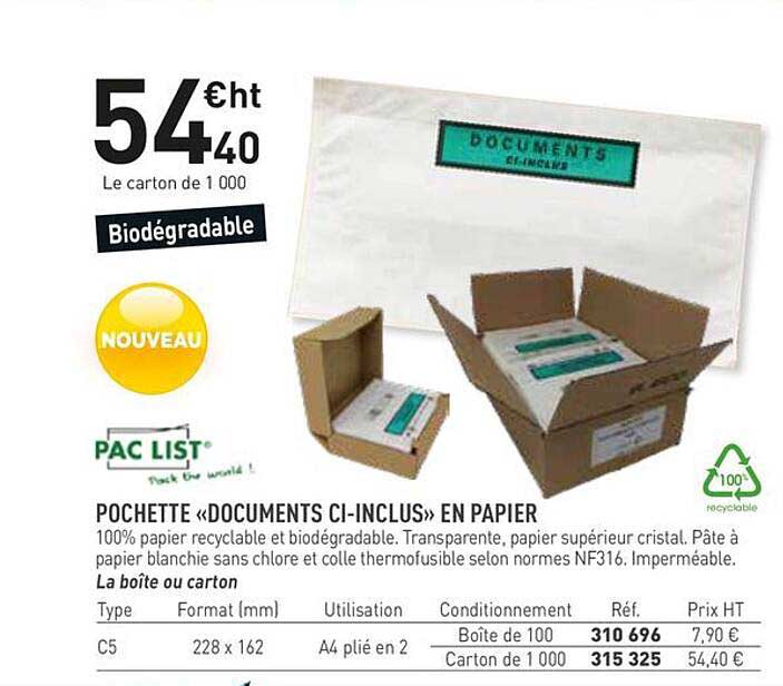 POCHETTE «DOCUMENTS CI-INCLUS» EN PAPIER