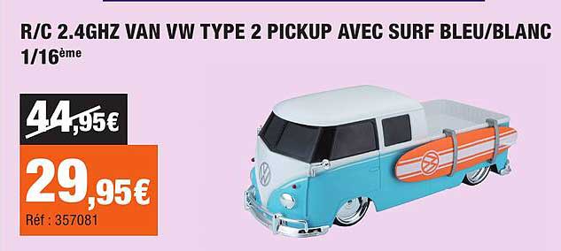 R/C 2.4GHZ VAN VW TYPE 2 PICKUP AVEC SURF BLEU/BLANC 1/16ème