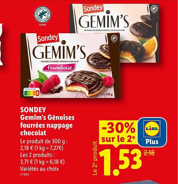 SONDEY Gemim's Génoises fourrées nappage chocolat