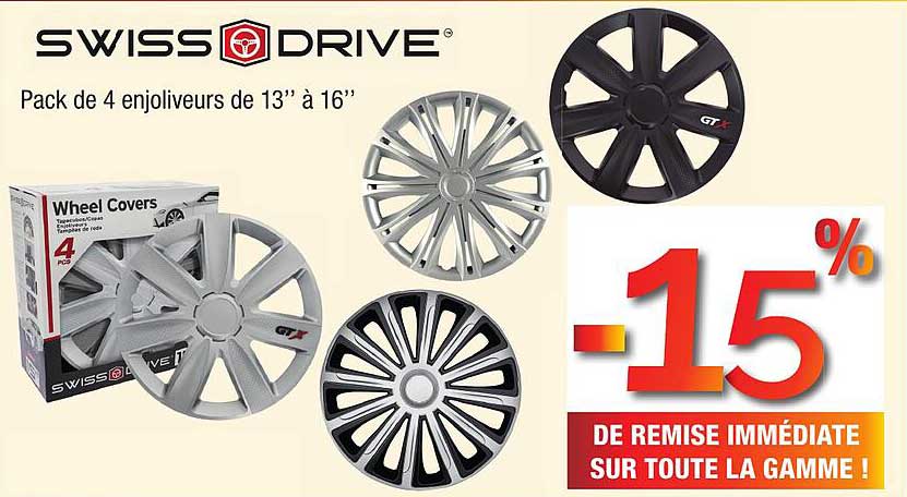 SWISS DRIVE Pack de 4 enjoliveurs de 13” à 16”
