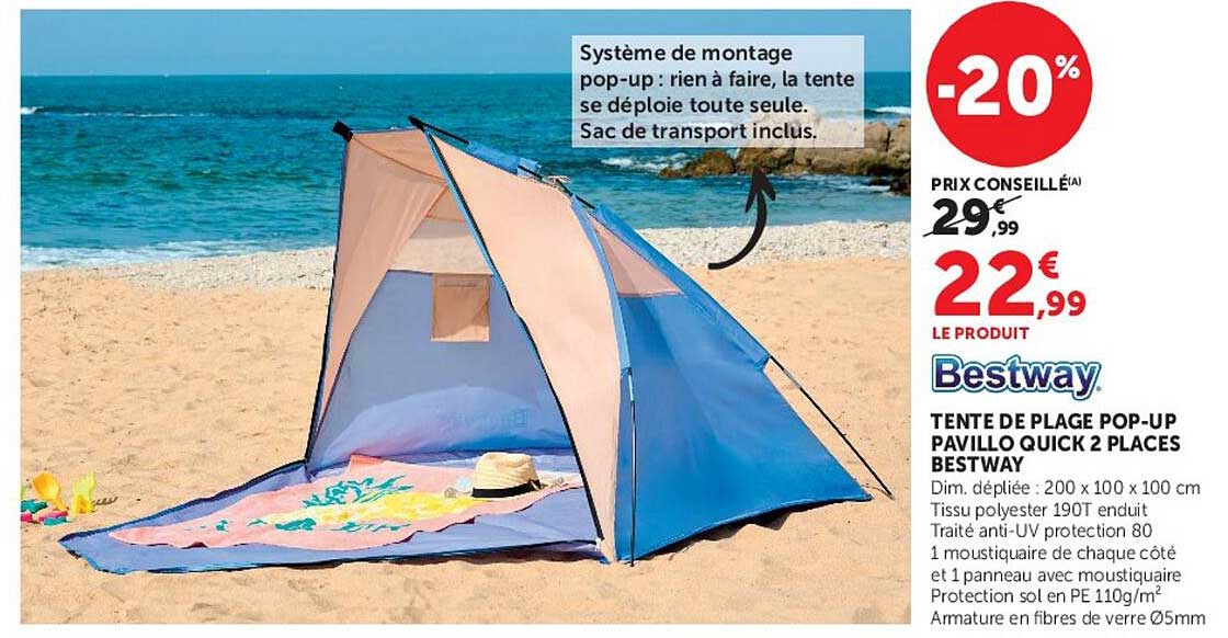 TENTE DE PLAGE POP-UP PAVILLO QUICK 2 PLACES BESTWAY