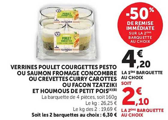 VERRINES POULET COURGETTES PESTO OU SAUMON FROMAGE CONCOMBRE OU CREVETTES CURRY CAROTTES OU FAÇON TZATZIKI ET HOUMOUS DE PETIT POIS(4(B)