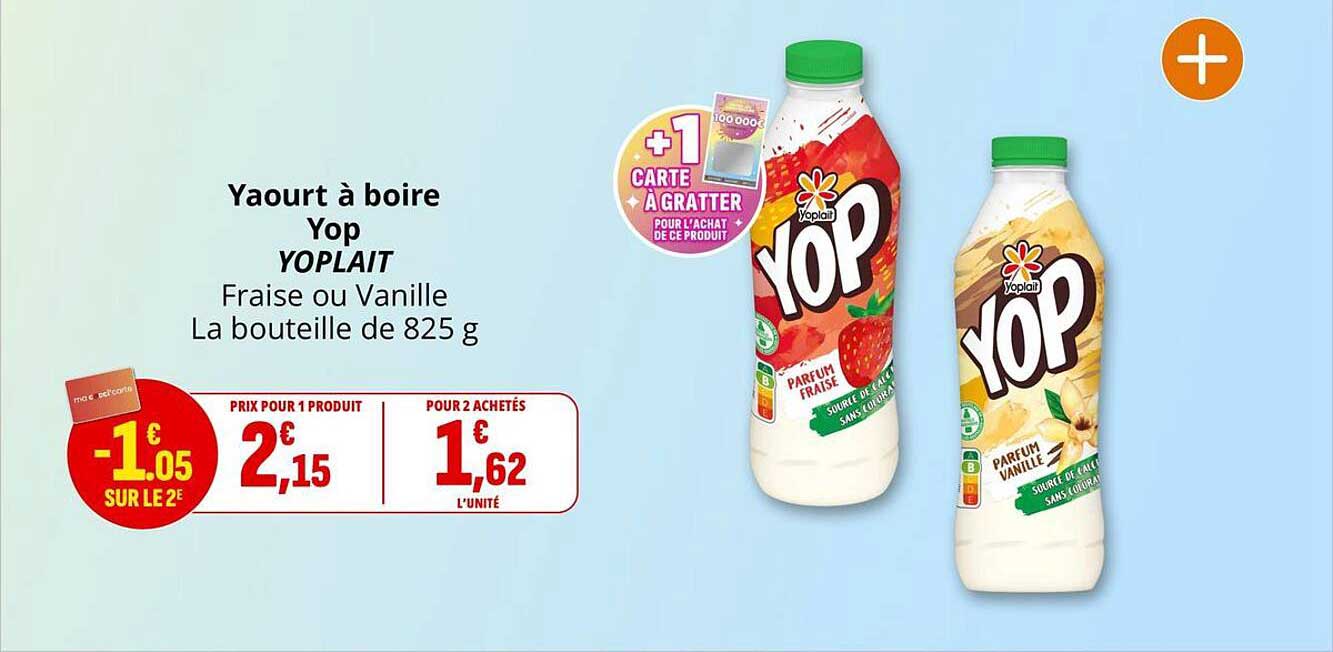 Yaourt à boire Yop YOPLAIT Fraise ou Vanille La bouteille de 825 g