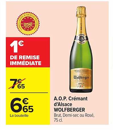 A.O.P. Crémant d'Alsace WOLFBERGER Brut, Demi-sec ou Rosé, 75 cl.