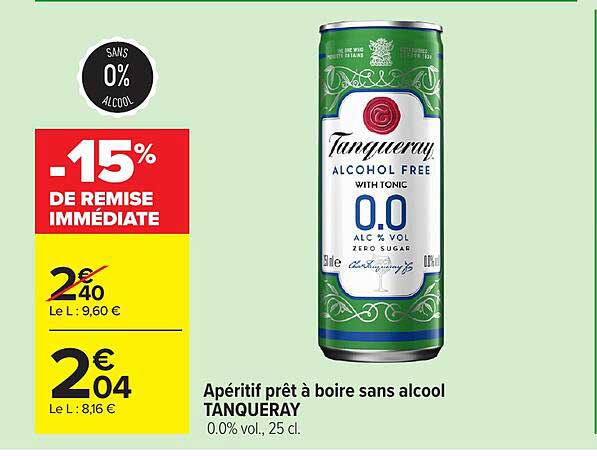 Apéritif prêt à boire sans alcool TANQUERAY 0.0% vol, 25 cl.