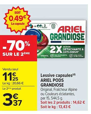 ARIEL GRANDIOSE 2X ACTION DÉTACHANTE & ANTI-ODEUR