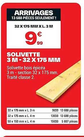 ARRIVAGES 13 688 PIÈCES SEULEMENT ! 32 X 175 MM X 3 M SOLIVETTE 3 M - 32 X 175 MM