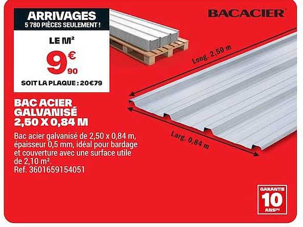 BAC ACIER GALVANISÉ 2,50 X 0,84 M