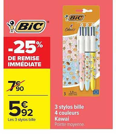 BIC -25% DE REMISE IMMÉDIATE 3 stylos bille 4 couleurs Kawai Pointe moyenne.