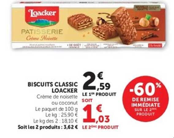 BISCUITS CLASSIC LOACKER Crème de noisette ou de coconut
