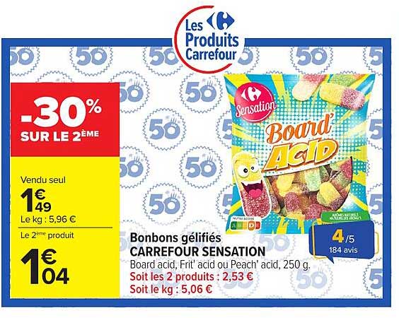 Bonbons gélifiés CARREFOUR SENSATION Board acid, Frit' acid ou Peach' acid, 250 g