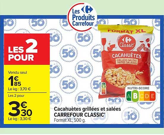 Cacahuètes grillées et salées CARREFOUR CLASSIC Format XL, 500 g.