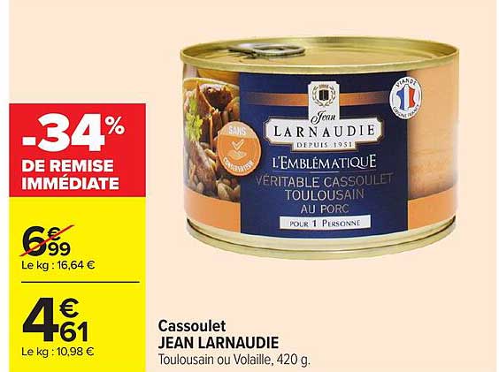 Cassoulet JEAN LARNAUDIE Toulousain ou Volaille, 420 g.