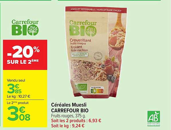 Céréales Muesli CARREFOUR BIO Fruits rouges, 375 g.